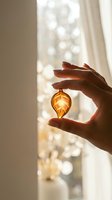 Hands gently holding glowing amber glass ornament with warm light streaming through window creating magical bokeh effect for holiday decoration concepts.