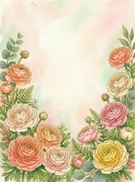 Watercolor ranunculus flowers frame with soft pastel background for wedding invitations, greeting cards and romantic design projects.