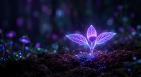 Glowing purple neon plant seedling emerging from dark soil with magical bokeh lights background symbolizing growth innovation and new beginnings in nature.