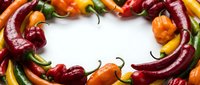 Colorful hot chili peppers arranged in circular frame on white background. Fresh spicy vegetables for cooking, seasoning and culinary recipes.