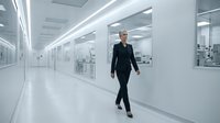 Middle-aged Caucasian male professional in dark business suit walking through modern laboratory or medical facility corridor with white walls and glass partitions. Suitable for corporate, healthcare, and business concepts.