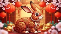 Ornate rabbit with golden patterns sits among red lanterns and cherry blossoms for lunar new year celebration with traditional decorative elements.