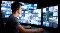 Young male security operator monitoring multiple surveillance screens in modern control room with advanced technology systems for professional security management.