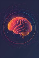 Digital illustration of glowing orange and red human brain with neural network connections on dark blue background, surrounded by colorful circular lines.