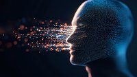 Digital human profile made of glowing particles with light trails, representing artificial intelligence and digital transformation in technology.