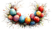 Colorful Easter eggs decorated with speckles and splashes in watercolor style, arranged with delicate twigs and branches creating festive spring composition.