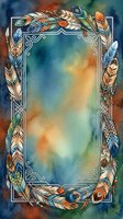 Watercolor feather frame with ornate border and colorful plumes creating decorative rectangular space for text or design on artistic background.
