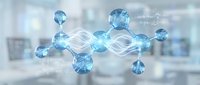 Blue molecular structure with flowing energy waves and connected atoms floating in modern laboratory environment for scientific research presentations.