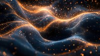 Glowing orange and blue waves of light with sparkling particles flow through dark space creating dynamic abstract background for technology designs.