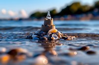 Small sandcastle with seashells on rocky beach at sunset, shallow depth of field creates dreamy bokeh effect on water surface and pebbles, peaceful seaside scene.