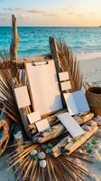 Tropical beach art setup with blank canvases, easel and painting supplies on sandy shore at golden hour sunset for creative workshops and artistic retreats.