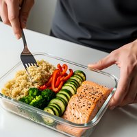 Healthy meal prep container with grilled salmon, quinoa, steamed broccoli and fresh vegetables ready for balanced nutrition and convenient eating.