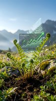 Fern plant with holographic sustainability index display showing growth chart and upward arrow in mountain landscape for environmental business concepts.