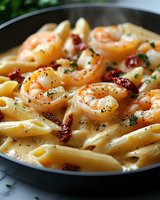 Creamy penne pasta with juicy shrimp, sun-dried tomatoes and fresh herbs in rich sauce, served in black pan. Close up view of homemade Italian cuisine.