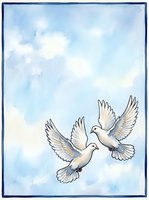 Two white doves flying together against soft blue watercolor sky with clouds. Suitable for peace, love, wedding, spirituality and greeting card designs.