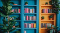 Vibrant blue and orange bookshelves filled with colorful books and small potted plants, creating a cozy reading nook with lush green plants on either side.