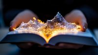 Magical open book with glowing golden light and sparkling particles rising from pages creating enchanted storytelling atmosphere for education and fantasy concepts.