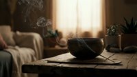 Steaming hot bowl on wooden table in cozy living room with warm sunlight streaming through window creating peaceful morning atmosphere for relaxation.