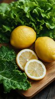 Fresh lemons and green lettuce on wooden cutting board, ingredients for healthy salad or detox drink preparation.