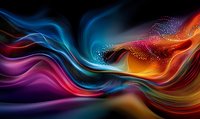 Vibrant flowing waves of colorful light with glowing particles create dynamic abstract background in blue, purple, orange and red tones. Suitable for modern design projects.