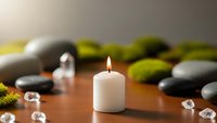 Zen spa composition with burning white candle, smooth stones, moss and crystals on wooden surface creating peaceful meditation atmosphere.