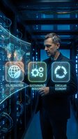 Middle-aged Caucasian businessman interacting with holographic sustainability interface displaying CO2 reduction, circular economy icons in futuristic office.