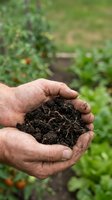 Elderly hands holding rich compost soil with earthworms in organic garden setting for sustainable farming and eco-friendly agriculture practices.