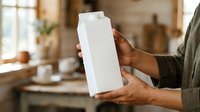 Man with dark skin tone holding blank white product box in kitchen, suitable for packaging mockups, product advertising, and commercial branding applications.