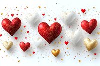 Festive hearts in red, gold and silver with glitter texture and confetti scattered on white background for Valentine's Day celebration and romantic designs.