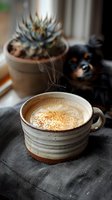 Cozy morning scene with creamy latte in handcrafted ceramic mug, sprinkled with cinnamon, alongside black dog and succulent plant on windowsill.