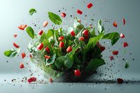 Fresh spinach leaves and red bell pepper pieces exploding with water droplets in dynamic food composition against gray background. Creative culinary concept.