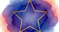 Watercolor blue purple pink wash background with golden star outline, soft abstract art for greeting cards, posters, and festive designs.