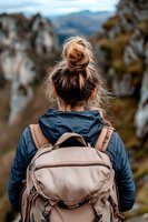 Young woman with messy bun hairstyle wearing blue jacket and beige backpack looking at mountain landscape. Back view of female hiker enjoying scenic nature view.