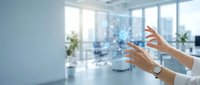 Professional hands interacting with holographic digital network interface in modern office environment showcasing futuristic technology and connectivity.