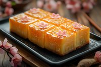 Traditional Asian layered jelly dessert with orange and white colors served on black plate with cherry blossom decoration, close up view for food photography.