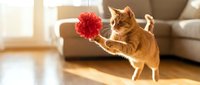 Orange tabby cat playing with red flower toy in bright living room with wooden floors and beige sofa. Playful pet enjoying indoor activity at home.