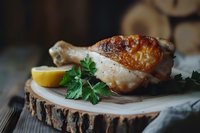 Crispy roasted chicken leg with golden-brown skin served on rustic wooden slice with fresh parsley and lemon wedge against dark background.