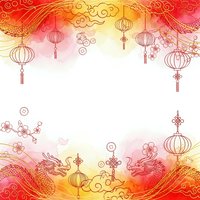 Chinese New Year festive background with red lanterns, dragons, cherry blossoms and traditional ornaments on gradient backdrop for celebration designs.