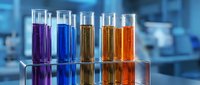 Laboratory test tubes with colorful chemical solutions in rack for scientific research and analysis in modern lab setting.