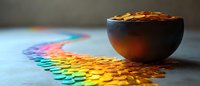 Golden coins spilling from dark bowl creating rainbow path on gray surface, magical financial concept for wealth, prosperity and fortune management.