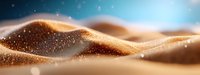 Golden sand dunes with sparkling particles against dreamy blue sky background, creating serene desert landscape for travel and nature concepts.