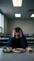 Stressed young woman holding head in hands at office cafeteria table with healthy lunch, depicting workplace burnout and mental health challenges.