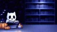 Cute ghost cat reading books with pumpkins and candles in dark library setting, spooky kawaii Halloween illustration with magical glowing butterflies and mystical atmosphere.