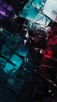 Abstract geometric pattern with fragmented squares in turquoise, purple, and red tones creating dynamic composition with textured surface and dramatic lighting effects.