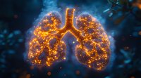 Glowing orange human lungs illuminated with magical light particles against dark blue background, anatomical medical concept with bokeh effect and ethereal atmosphere.