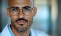 Middle Eastern businessman with salt and pepper beard wearing glasses and white shirt smiles confidently at camera, modern office background with soft bokeh effect.