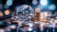 Magnifying glass examining stacked coins on reflective surface with soft bokeh lights in background, representing financial analysis and investment research.