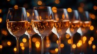 Row of elegant wine glasses filled with rose wine against blurred golden bokeh lights creating romantic atmosphere for celebration or special occasion.
