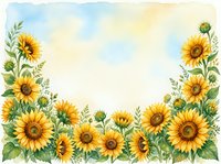 Watercolor sunflower border frame with green leaves on white background for greeting cards, invitations and summer designs.