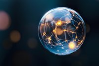 Glowing neural network sphere with interconnected nodes and bright light connections on dark background for technology and AI concepts.